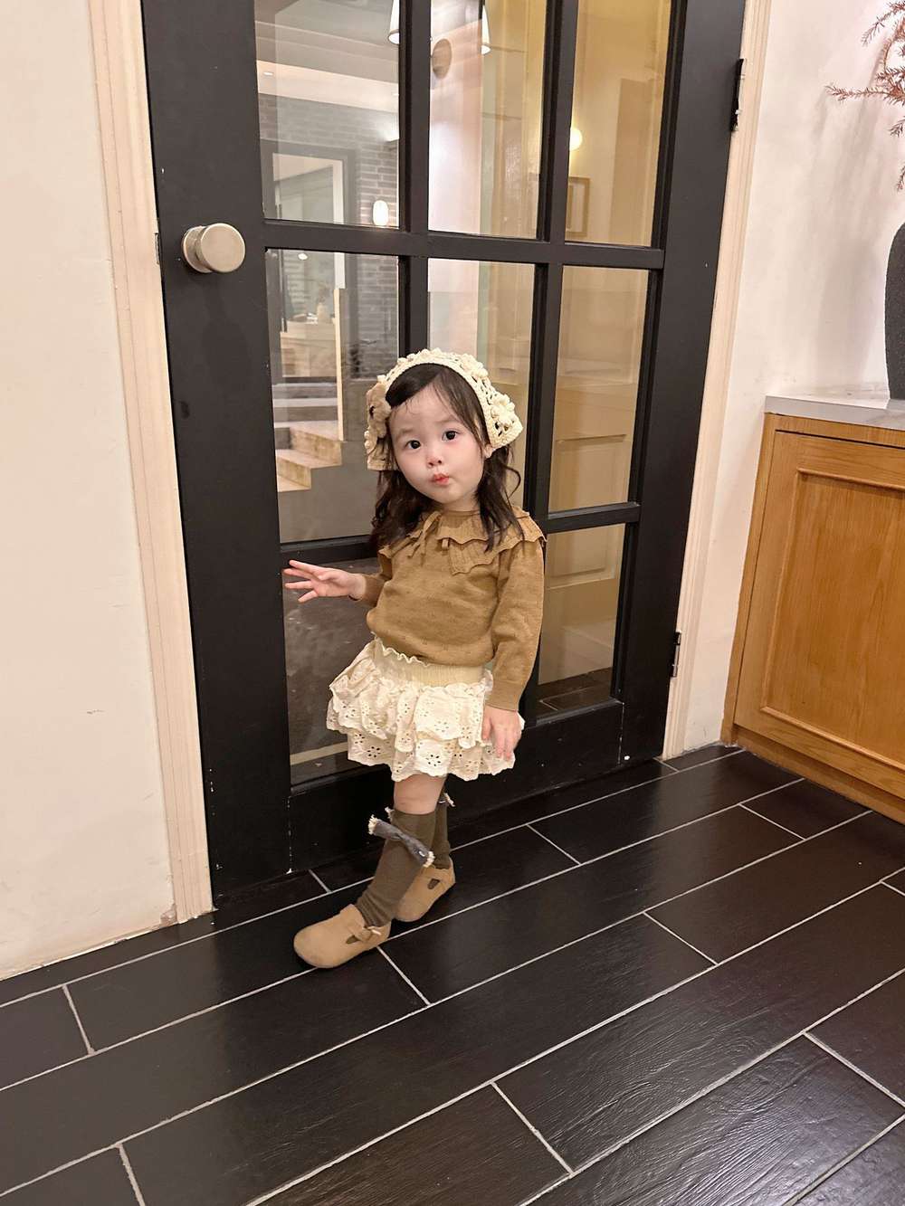 長袖ニットセーター フリルネック プルオーバー レースフリル スカートブルマ【mh0011520】