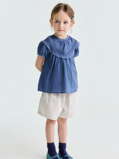 French Lace Puff Sleeve Cotton Shirt レース 半袖ブラウス【mh0013200】