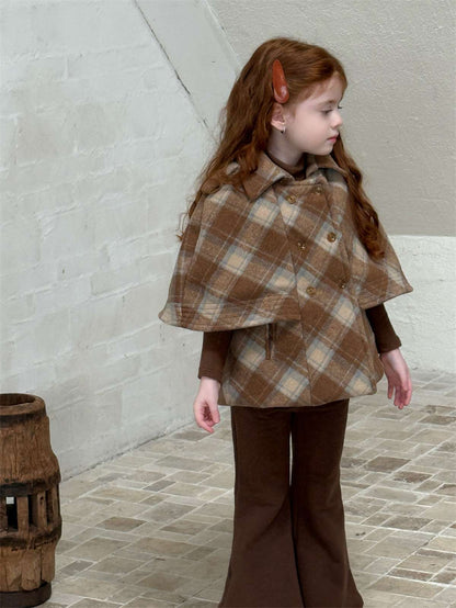 チェック柄ケープ マント風コート ウール調アウター 厚手防寒【mh0011445】