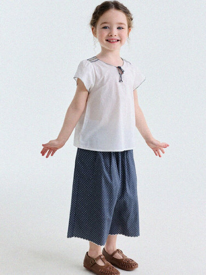 Embroidered Blouse and Polka Dot Pants スカラップ ドット柄 ブラウス ロングパンツ【mh0013194】