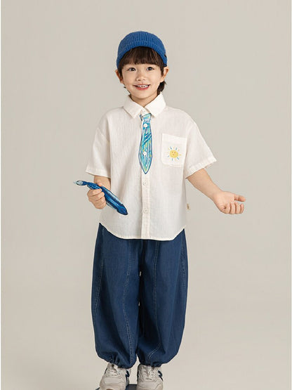 Hand-Drawn Tie Print Cotton Shirt ネクタイプリント コットン 半袖シャツ【mh0012731】