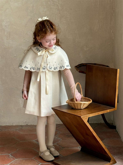 Ribbon embroidered cape + box pleated dress set (2-piece set) [mh0011452]