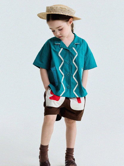 Retro Color-Blocking Short-Sleeved Cotton Shirt レトロ 半袖シャツ【mh0013207】