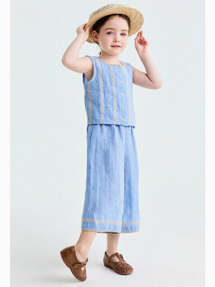 Embroidered Linen Vest and Pants Set ノースリーブ トップス ロングパンツ【mh0013182】