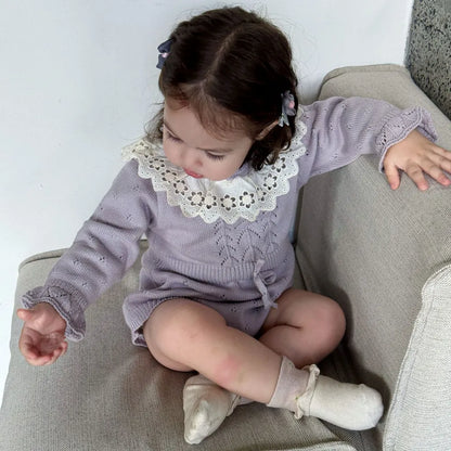 -花柄レース襟付き長袖ニットロンパース【mh0011150】 - mamahalo shop - 長袖ロンパース -  べビー服 - 子供服 - 男の子 - 女の子