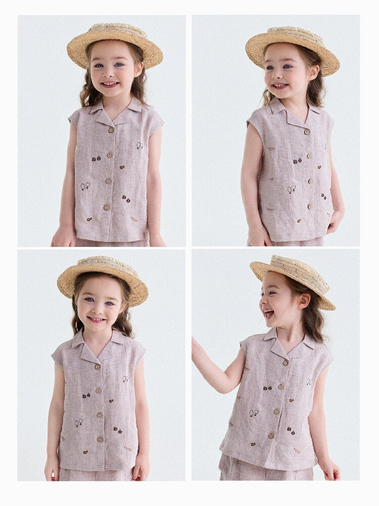 Embroidered Linen Sleeveless Shirt Shorts フルーツ刺繍 ノースリーブシャツ ショートパンツ【mh0013187】