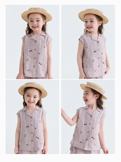Embroidered Linen Sleeveless Shirt Shorts フルーツ刺繍 ノースリーブシャツ ショートパンツ【mh0013187】