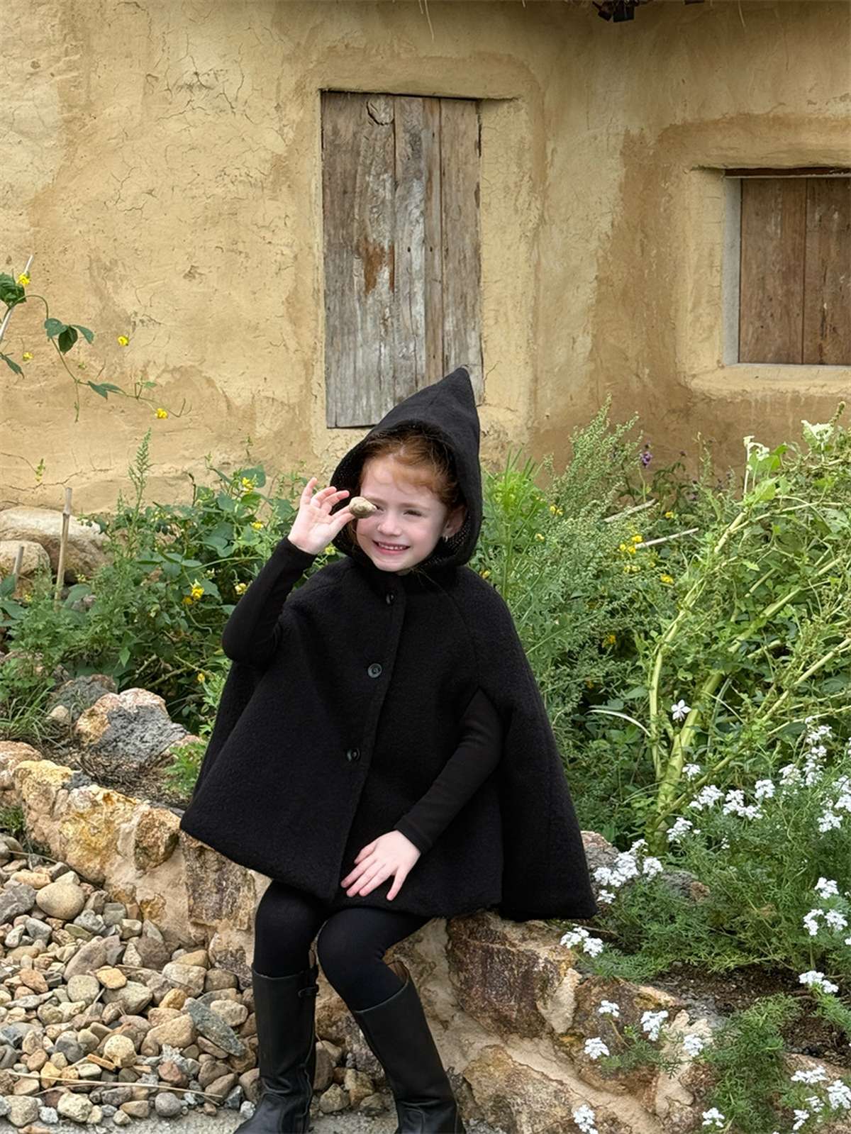 -フーディポンチョ ピクシーフード ブラックマントコート【mh0011440】 - mamahalo shop - ショートコート・ジャケット・ジャンパー -  べビー服 - 子供服 - 男の子 - 女の子