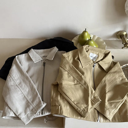 -フェイクレザーショートジャケット フルジップアウター レトロブルゾン【mh0011064】 - mamahalo shop - ショートコート・ジャケット・ジャンパー -  べビー服 - 子供服 - 男の子 - 女の子