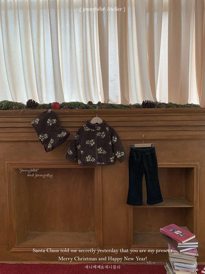 長袖ジャンプスーツ もこもこボア 花柄 カバーオール 帽子セット 暖かい 防寒【mh0011540】