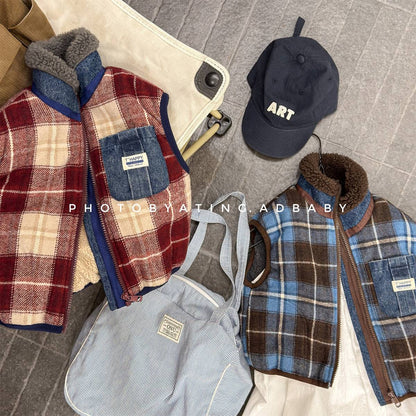 -チェック柄ベスト 裏ボア デニムポケット 中綿入り アウター【mh0011418】 - mamahalo shop - ベスト -  べビー服 - 子供服 - 男の子 - 女の子