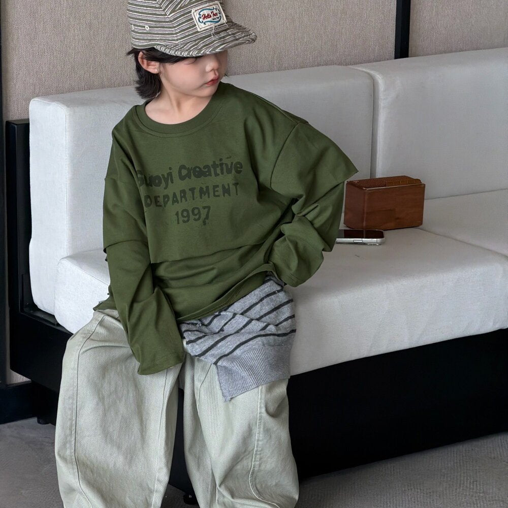 キッズ ジュニア 英字プリント フェイクレイヤード 長袖Tシャツ ワイド デニムパンツ【mh0014437】