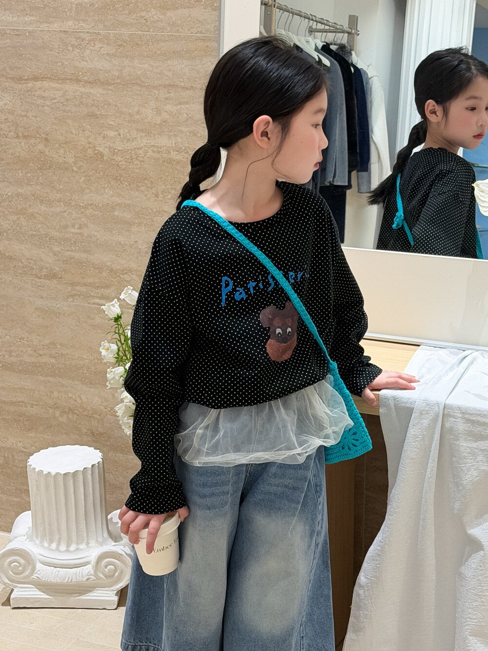 Polka Dot Cartoon Letter T-Shirt ドット柄キャラクター長袖Tシャツ【mh0012106】