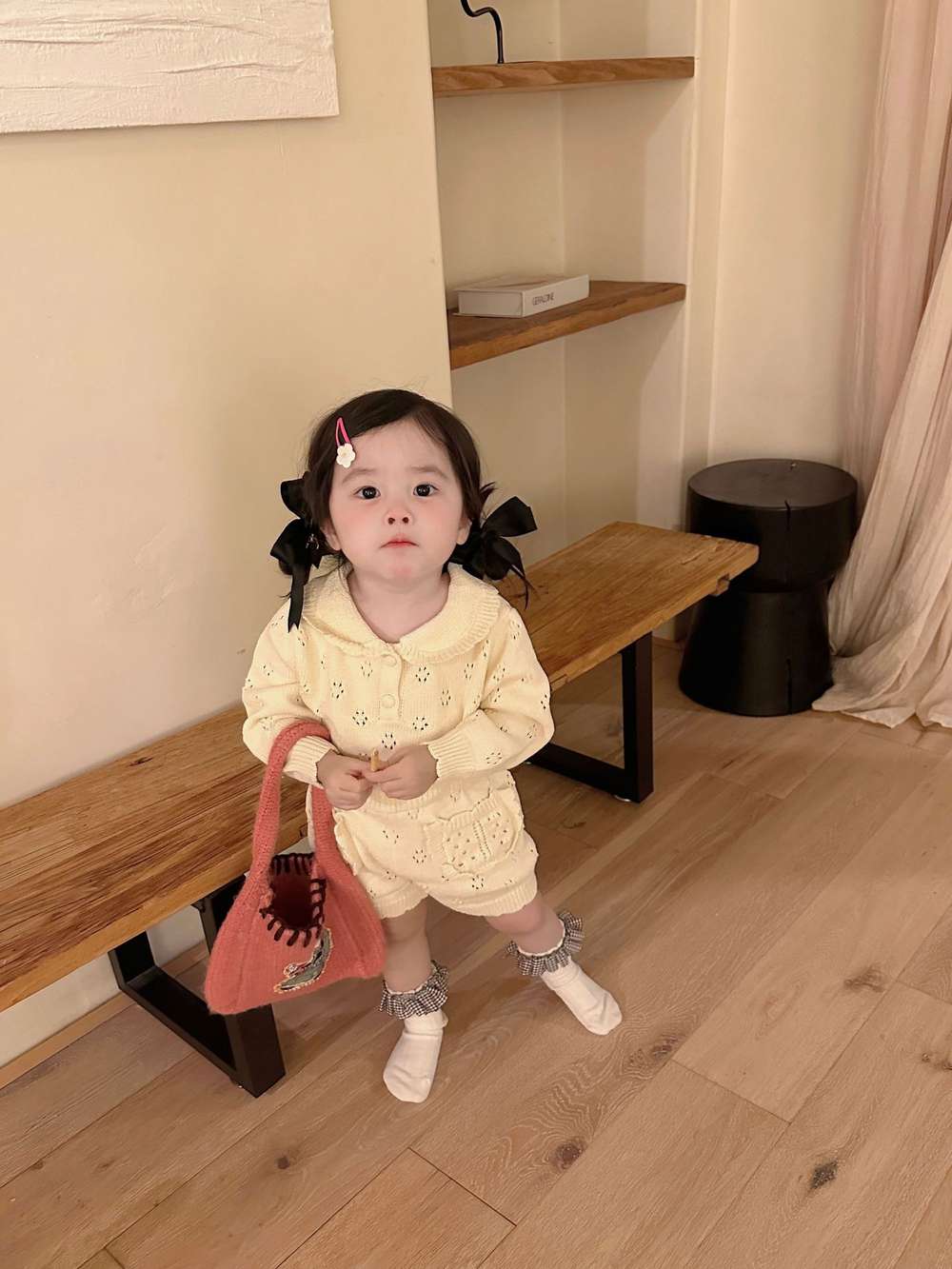 長袖ニットトップス+ショートパンツ 透かし編み レース襟付き セットアップ 2点セット【mh0011511】