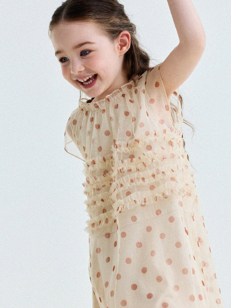 Polka Dot Ruffle Mesh Dress チュール フレンチスリーブワンピース【mh0013199】