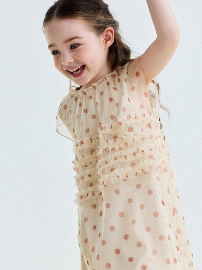 Polka Dot Ruffle Mesh Dress チュール フレンチスリーブワンピース【mh0013199】