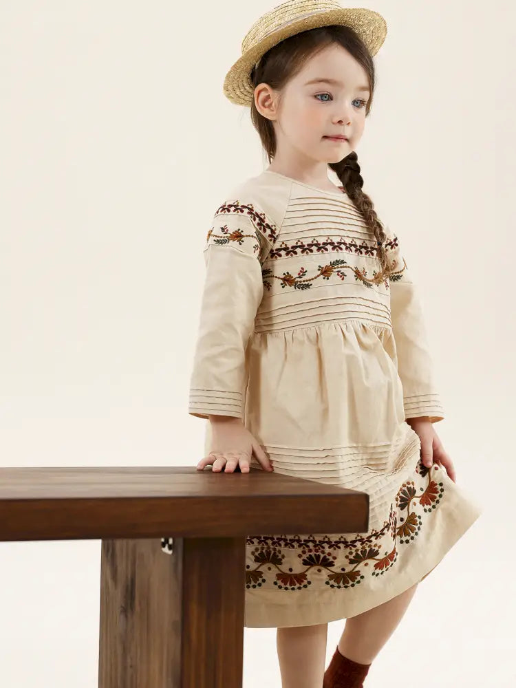 -長袖ワンピース 麻混素材 刺繍 ボヘミアン ギャザー フレア 森ガール【mh0011303】 - mamahalo shop - 長袖ワンピース -  べビー服 - 子供服 - 男の子 - 女の子