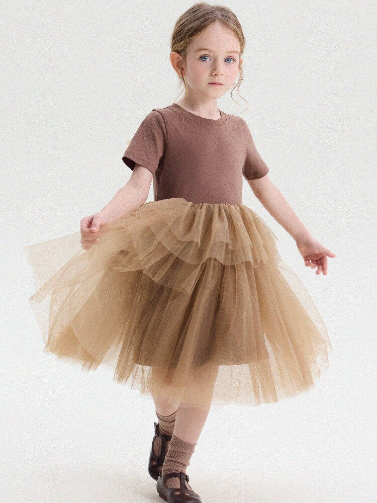 Short Sleeve Tiered Tulle Dress ドッキング 半袖ワンピース【mh0013183】