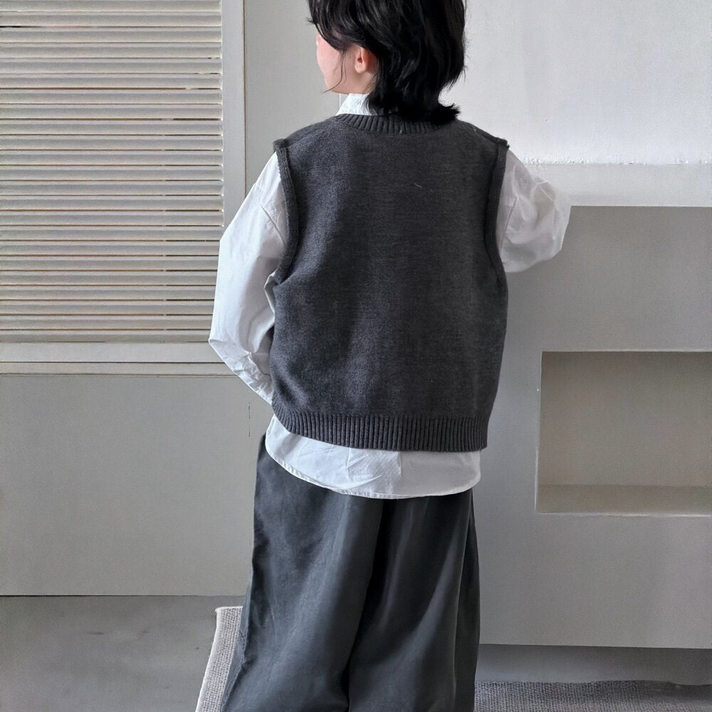 Camisa de manga larga con corbata, chaleco de punto con parche y pantalón ancho para niños y jóvenes 【mh0014435】