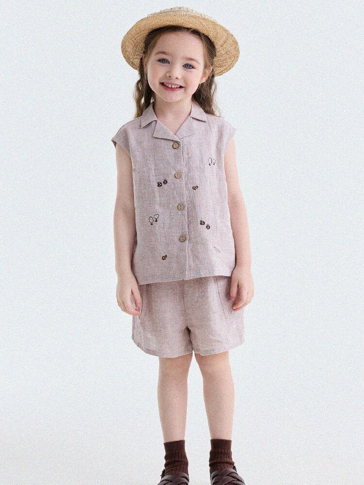 Embroidered Linen Sleeveless Shirt Shorts フルーツ刺繍 ノースリーブシャツ ショートパンツ【mh0013187】