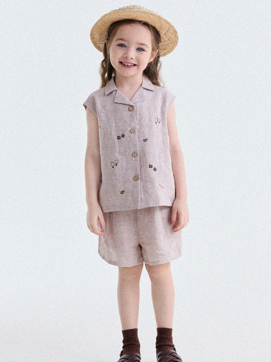 Embroidered Linen Sleeveless Shirt Shorts フルーツ刺繍 ノースリーブシャツ ショートパンツ【mh0013187】