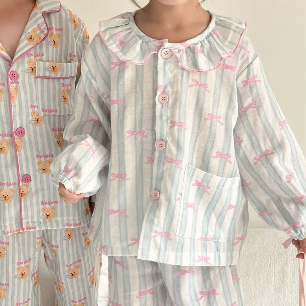 -ストライプくま/リボンプリント長袖パジャマセットアップ 2点セット【mh0011232】 - mamahalo shop - 長袖パジャマ -  べビー服 - 子供服 - 男の子 - 女の子