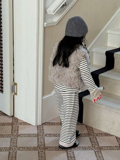 長袖ボアトップス+ロングパンツ 裏起毛ボーダー セットアップ 2点セット【mh0011458】