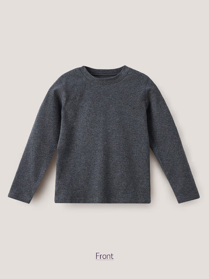 キッズ用長袖Tシャツ 濃いグレー杢、前面プリントなし、クルーネック