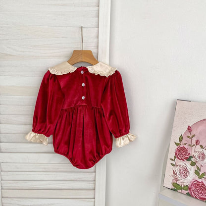 ベビー キッズ ベルベット 丸襟 フリル バルーンスリーブ Aライン ワンピース ロンパース【mh0014455】