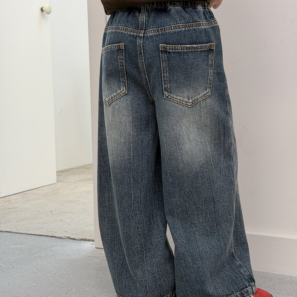 キッズ ジュニア ヴィンテージ ウォッシュ ダメージ ワイド デニムパンツ【mh0014432】