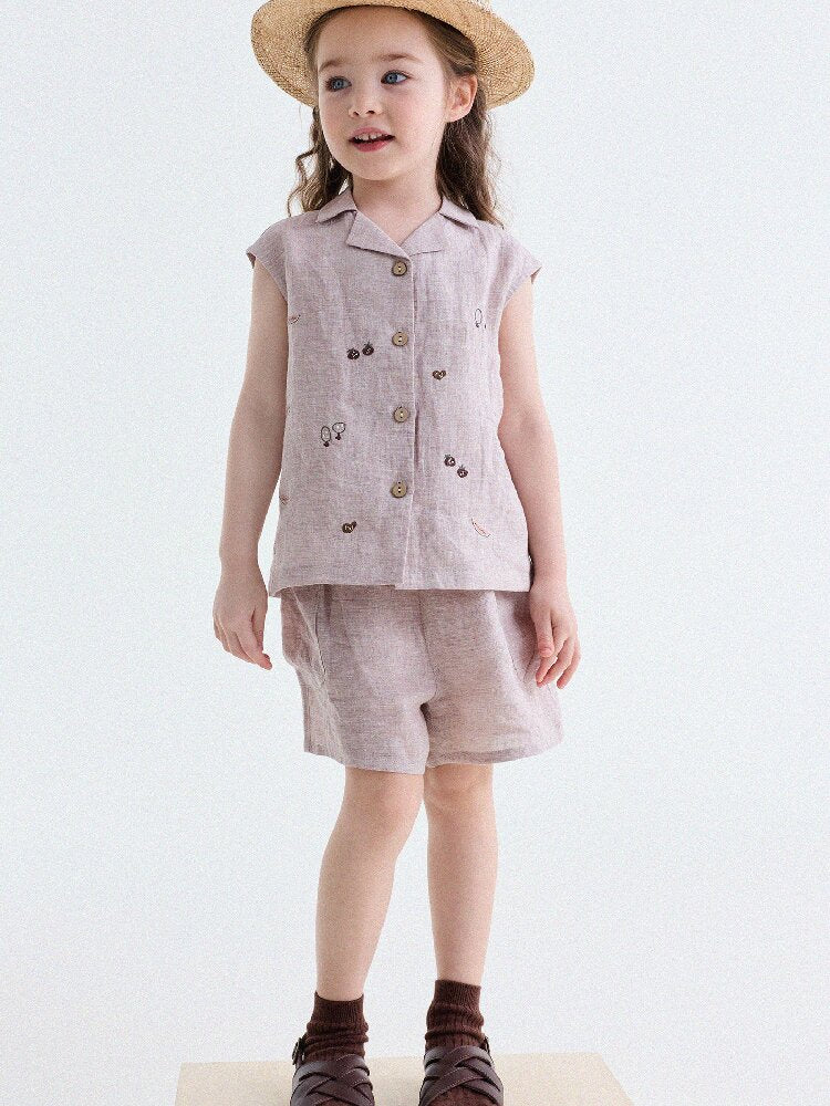 Embroidered Linen Sleeveless Shirt Shorts フルーツ刺繍 ノースリーブシャツ ショートパンツ【mh0013187】