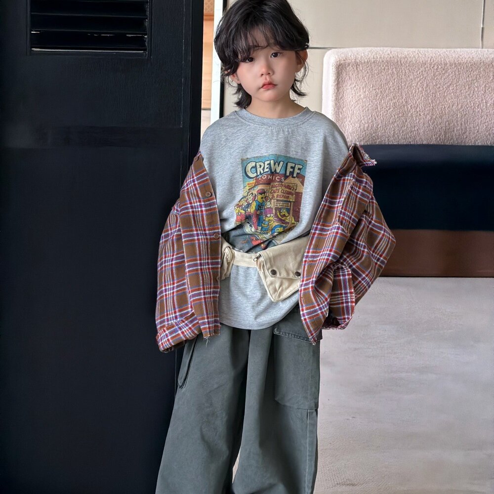 Camisa de manga larga con corte irregular, estampado a cuadros, camiseta de manga larga con letras estampadas y pantalón cargo para niños y jóvenes 【mh0014438】