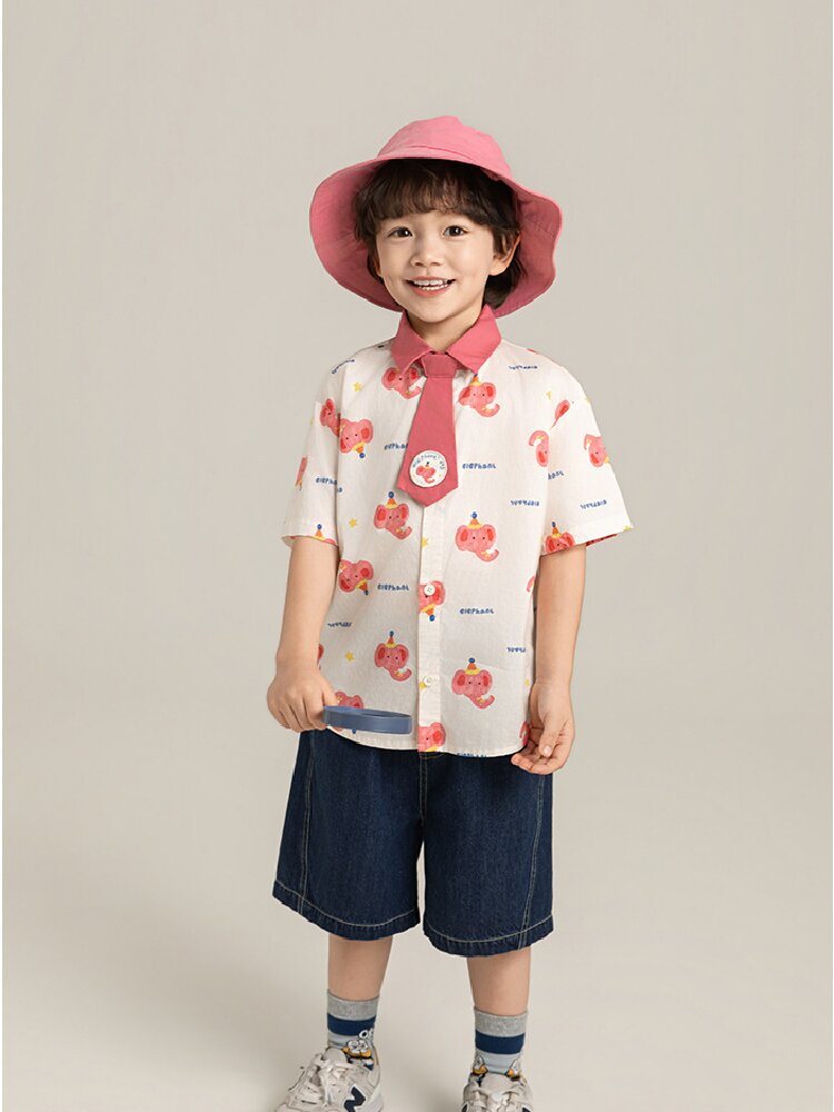 Elephant Whale Shirt ネクタイ付 アニマル 半袖シャツ【mh0012735】