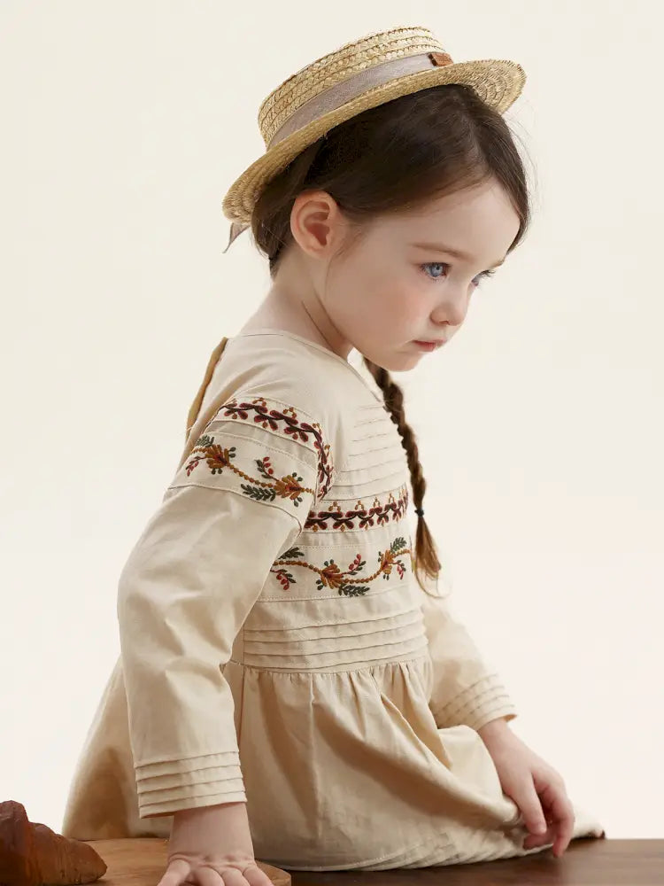 -長袖ワンピース 麻混素材 刺繍 ボヘミアン ギャザー フレア 森ガール【mh0011303】 - mamahalo shop - 長袖ワンピース -  べビー服 - 子供服 - 男の子 - 女の子