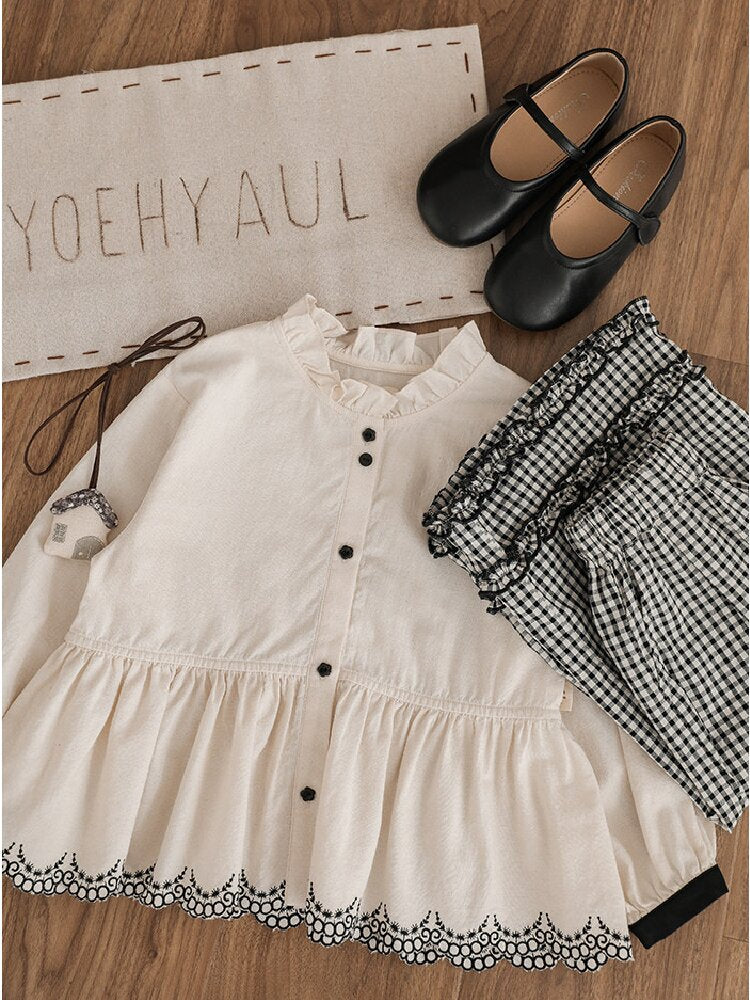Embroidered Blouse Gingham Pants 裾刺繍 ブラウス ギンガム パンツ セットアップ【mh0012727】