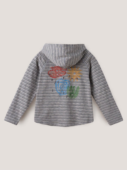 ボーダー柄フード付き長袖Tシャツ（グレー）平置き・背面