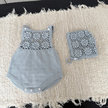 -透かし編みレースフラワーニットロンパース/ボンネット【mh0011143】 - mamahalo shop - ノースリーブロンパース -  べビー服 - 子供服 - 男の子 - 女の子