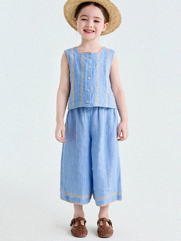 Embroidered Linen Vest and Pants Set ノースリーブ トップス ロングパンツ【mh0013182】
