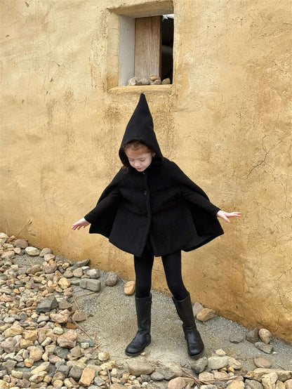 -フーディポンチョ ピクシーフード ブラックマントコート【mh0011440】 - mamahalo shop - ショートコート・ジャケット・ジャンパー -  べビー服 - 子供服 - 男の子 - 女の子