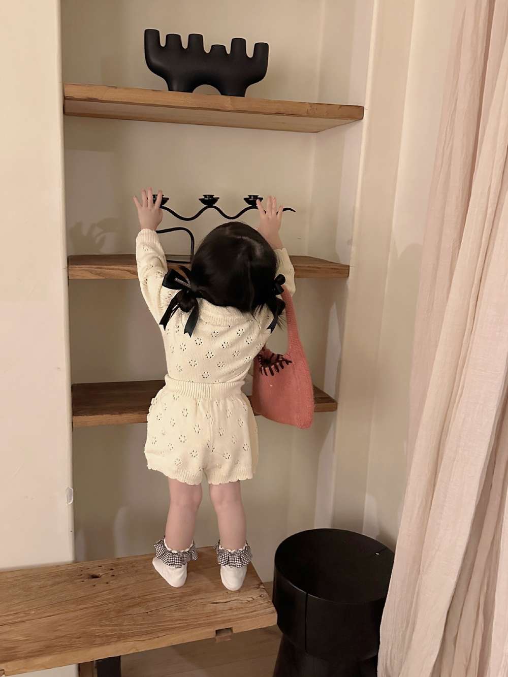 長袖ニットトップス+ショートパンツ 透かし編み レース襟付き セットアップ 2点セット【mh0011511】