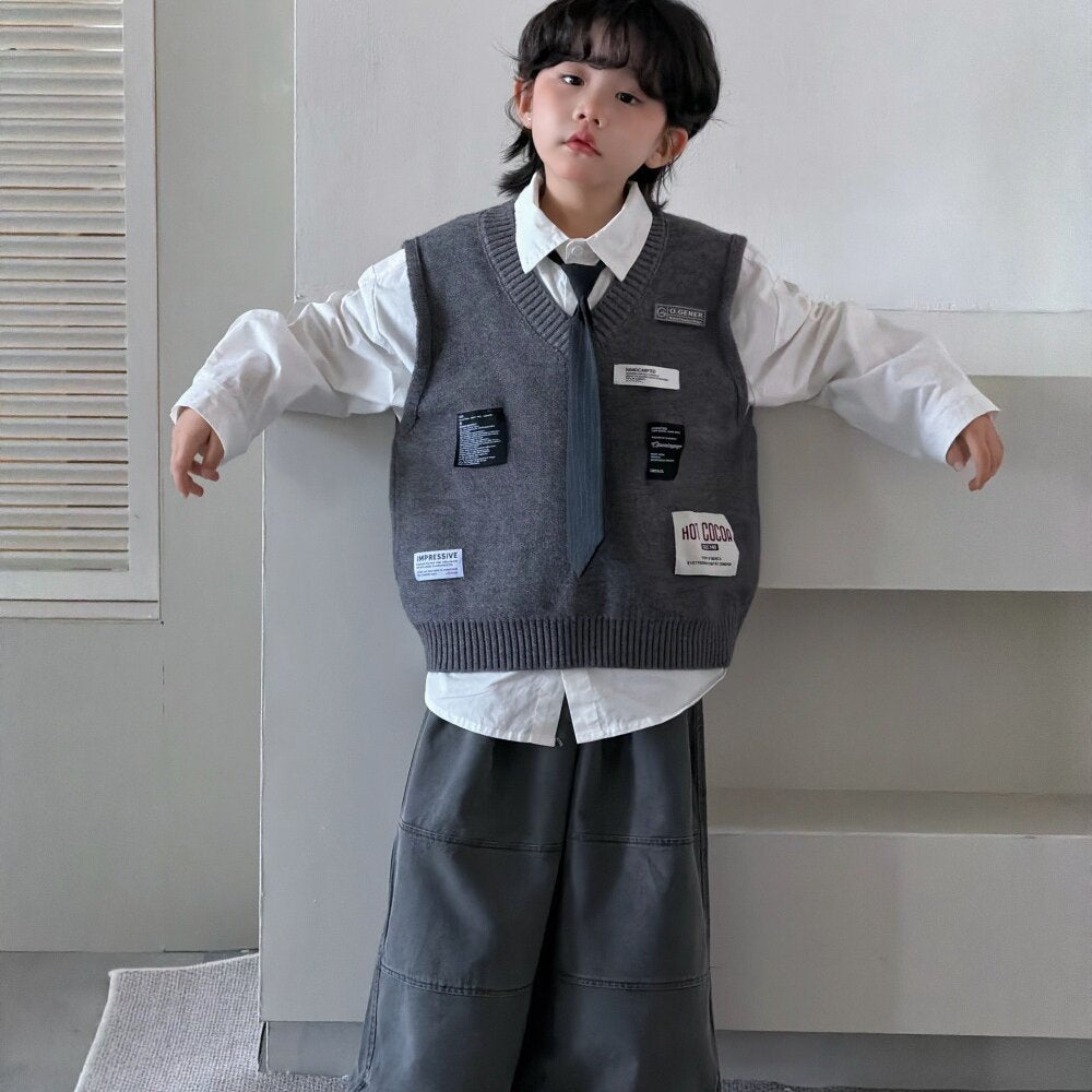 Camisa de manga larga con corbata, chaleco de punto con parche y pantalón ancho para niños y jóvenes 【mh0014435】
