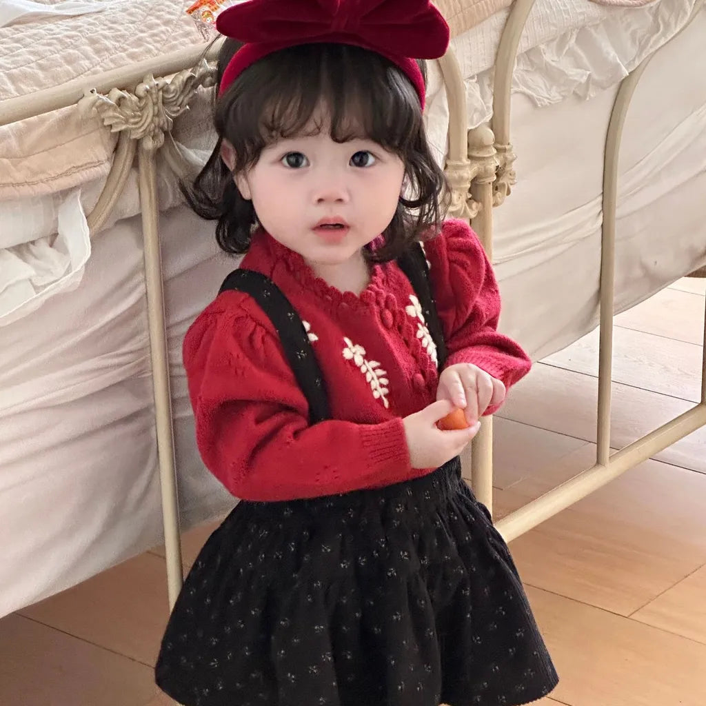 -フラワー刺繍ニットフリルカーディガン / サスペンダースカート【mh0011171】 - mamahalo shop - 長袖セットアップ -  べビー服 - 子供服 - 男の子 - 女の子