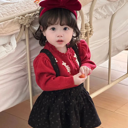 -フラワー刺繍ニットフリルカーディガン / サスペンダースカート【mh0011171】 - mamahalo shop - 長袖セットアップ -  べビー服 - 子供服 - 男の子 - 女の子