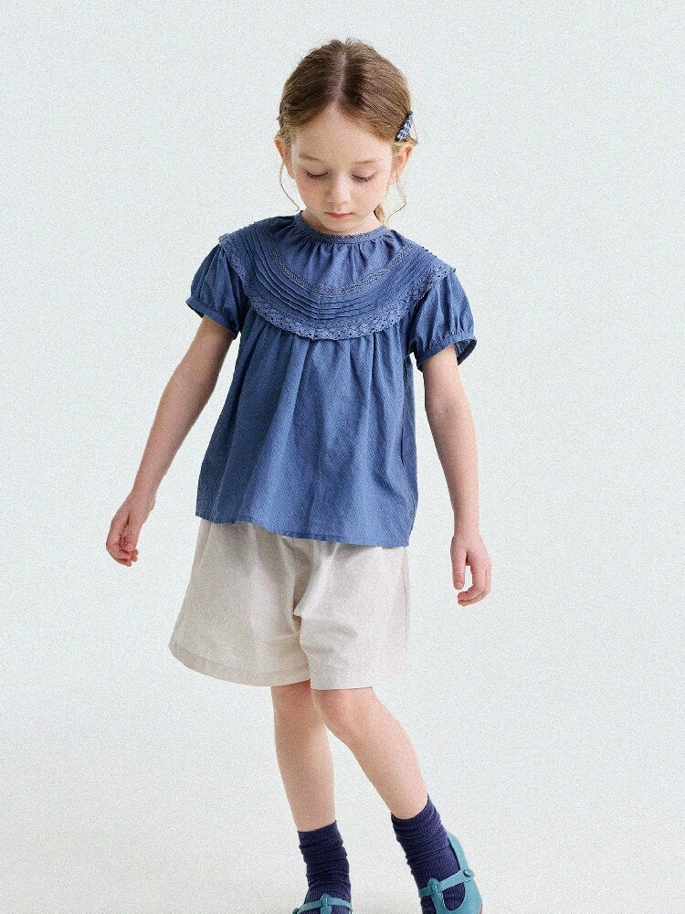 French Lace Puff Sleeve Cotton Shirt レース 半袖ブラウス【mh0013200】