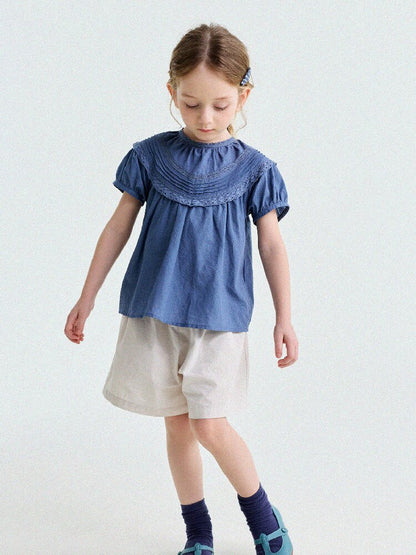 French Lace Puff Sleeve Cotton Shirt レース 半袖ブラウス【mh0013200】