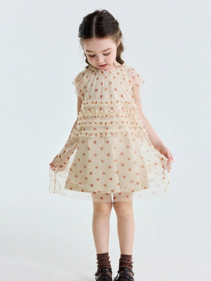 Polka Dot Ruffle Mesh Dress チュール フレンチスリーブワンピース【mh0013199】