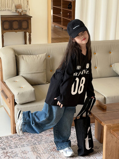 キッズ ジュニア 数字 英字 プリント ルーズ ビッグシルエット 長袖 Tシャツ【mh0014473】