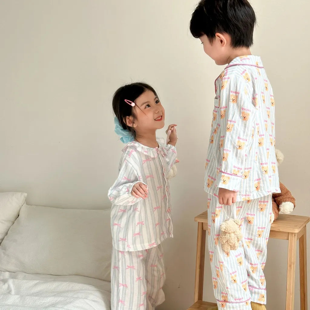 -ストライプくま/リボンプリント長袖パジャマセットアップ 2点セット【mh0011232】 - mamahalo shop - 長袖パジャマ -  べビー服 - 子供服 - 男の子 - 女の子