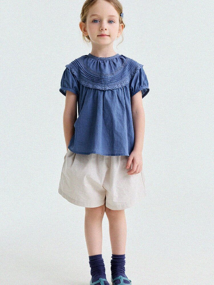 French Lace Puff Sleeve Cotton Shirt レース 半袖ブラウス【mh0013200】