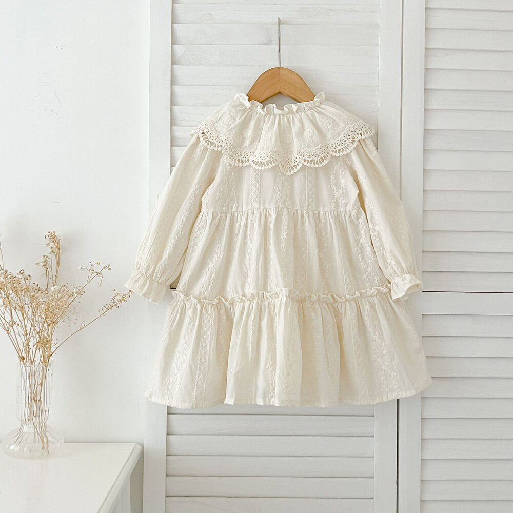 ベビー キッズ フリルカラー 花柄レース Aライン 長袖ワンピース ロンパース【mh0014444】